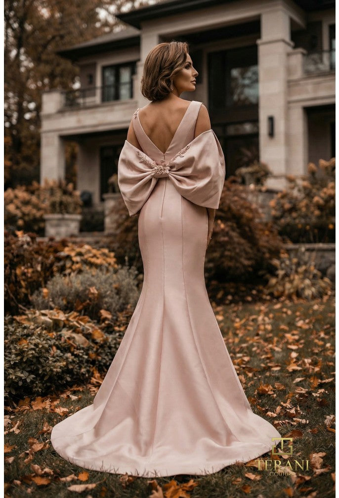 Terani 262M7253 Square Neckline Cold-Shoulder Puff Sleeve Structured Dress
