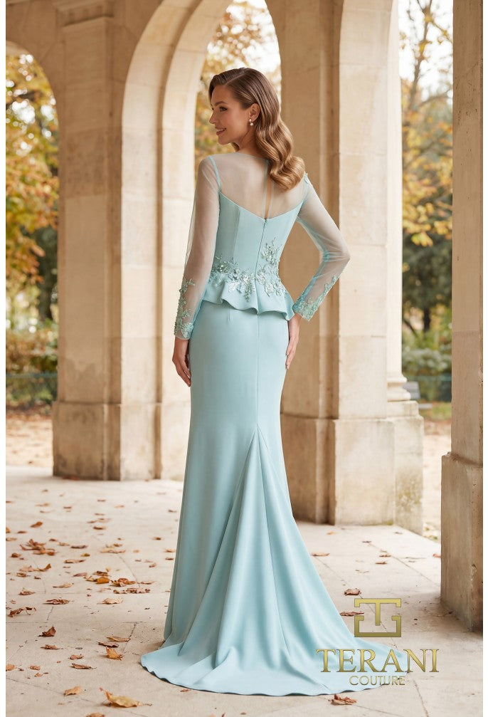 Terani 262M7257 Illusion Bateau Long Sleeve Structured Mermaid Dress