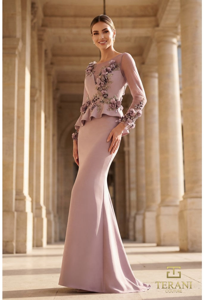 Terani 262M7257 Illusion Bateau Long Sleeve Structured Mermaid Dress