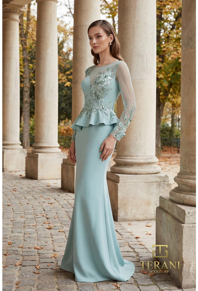 Terani 262M7257 Illusion Bateau Long Sleeve Structured Mermaid Dress