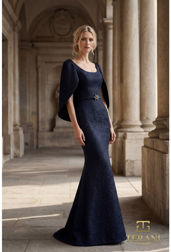 Terani 262M7262 Scoop Neckline Cape Sleeve Mermaid Dress