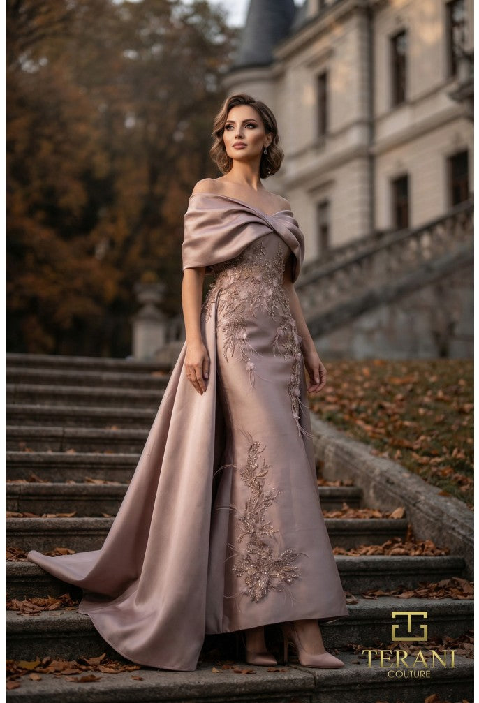 Terani 262M7271 Off-the-Shoulder Cap Sleeve Sheath Dress
