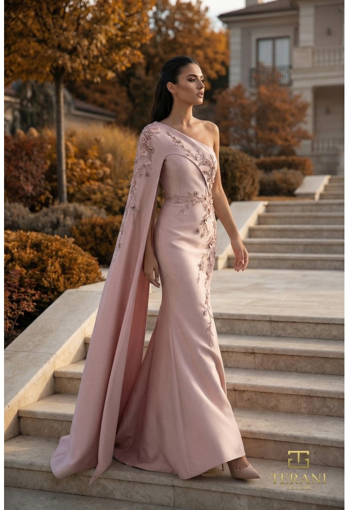 Terani 262M7275 Asymmetric One-Shoulder Cape-Sleeve Fitted Dress