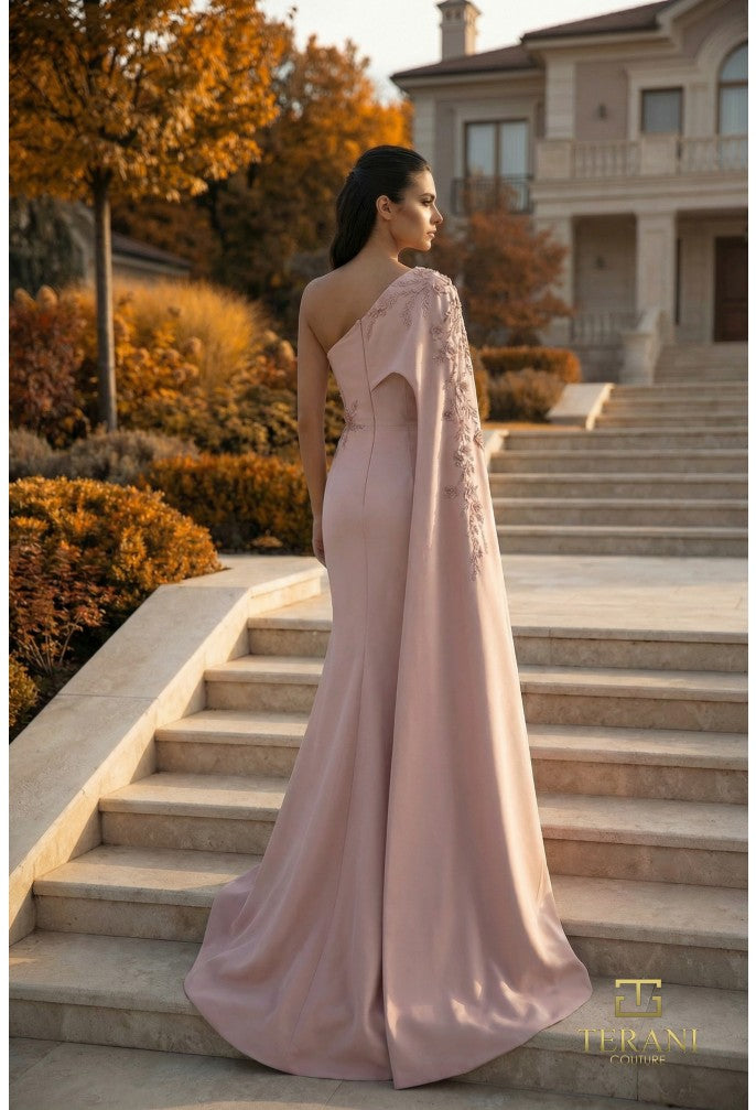 Terani 262M7275 Asymmetric One-Shoulder Cape-Sleeve Fitted Dress