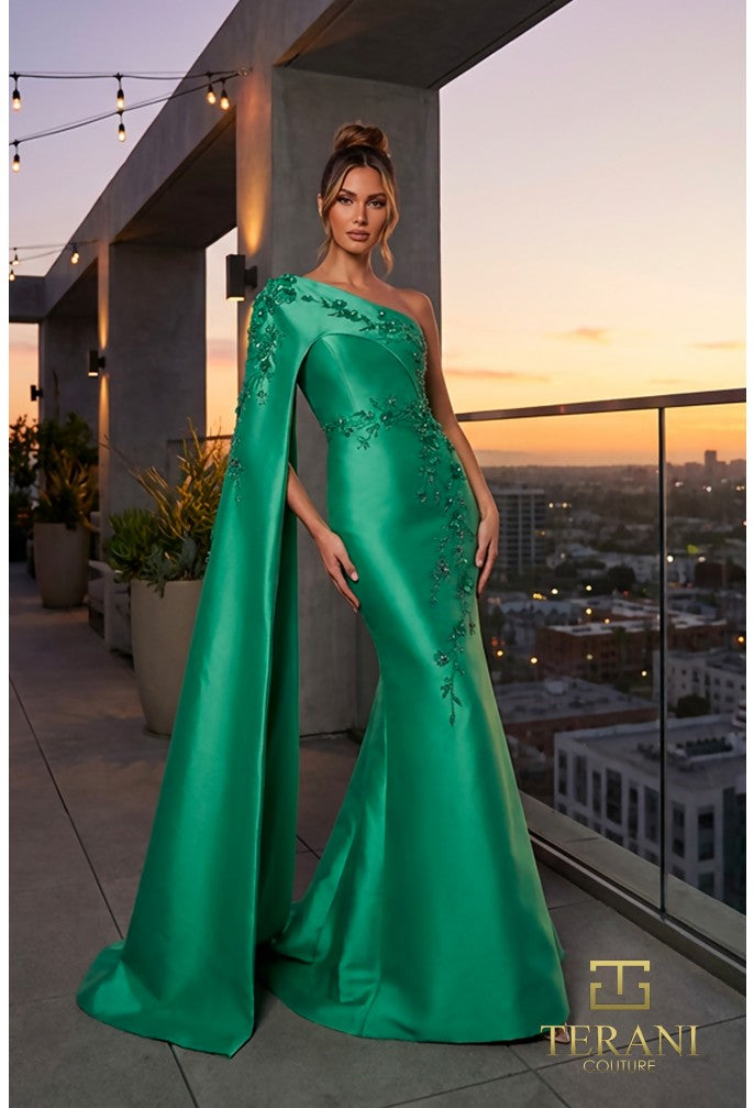 Terani 262M7275 Asymmetric One-Shoulder Cape-Sleeve Fitted Dress