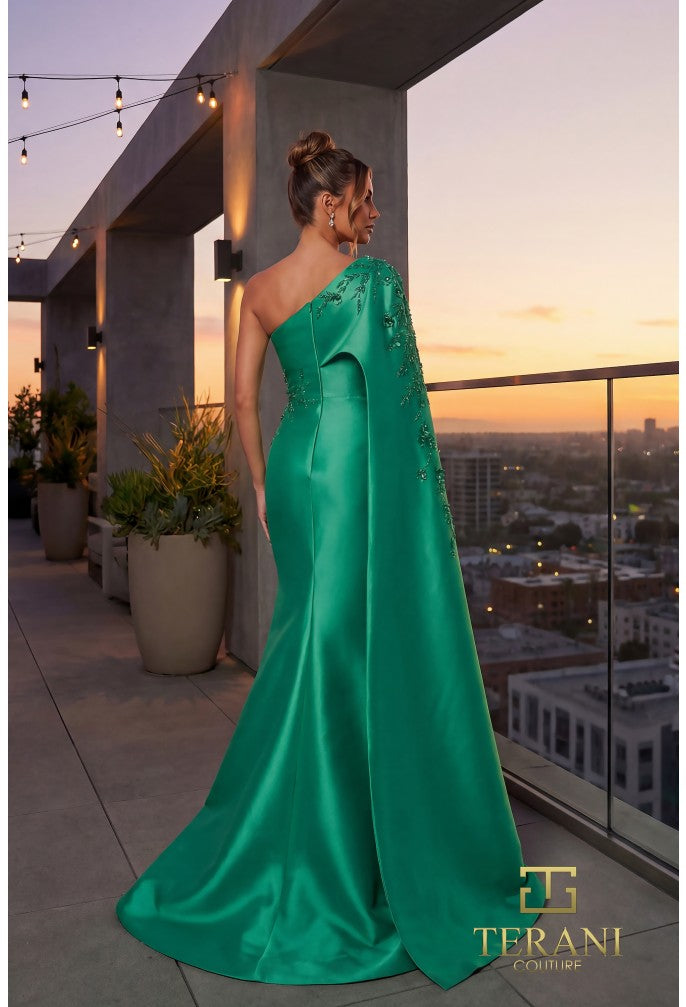 Terani 262M7275 Asymmetric One-Shoulder Cape-Sleeve Fitted Dress