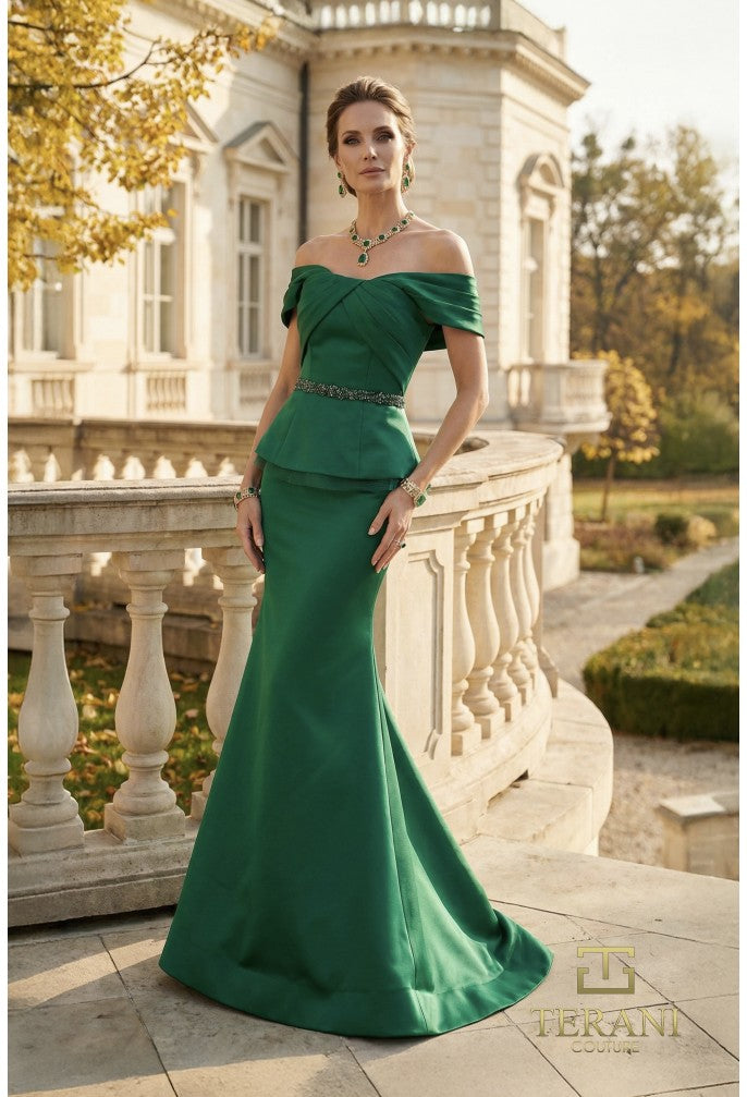 Terani 262M7279 Off-the-Shoulder Sweetheart Cap Sleeve Fit-and-Flare Dress