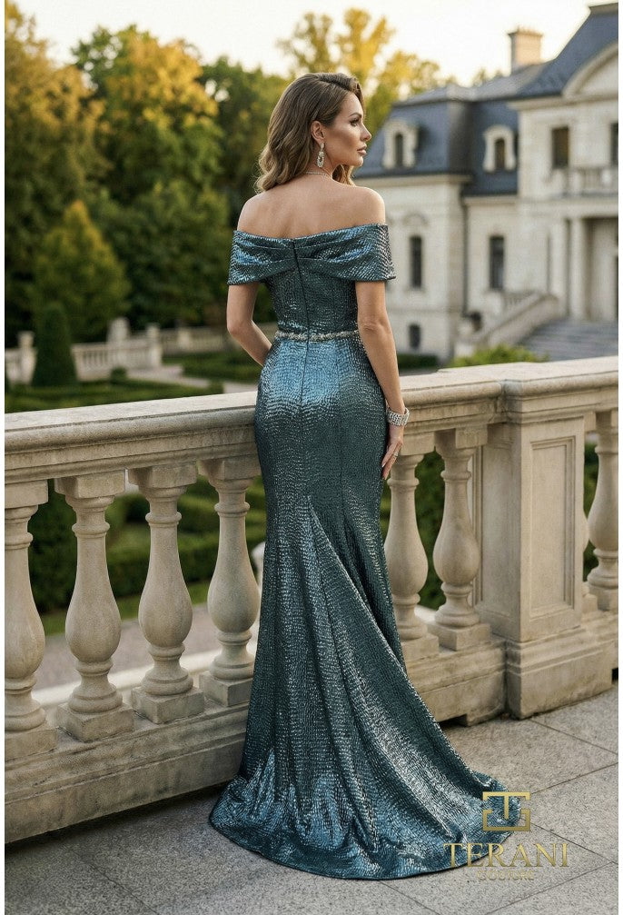 Terani 262M7302 Off-the-Shoulder Cap Sleeve Fit-and-Flare Dress