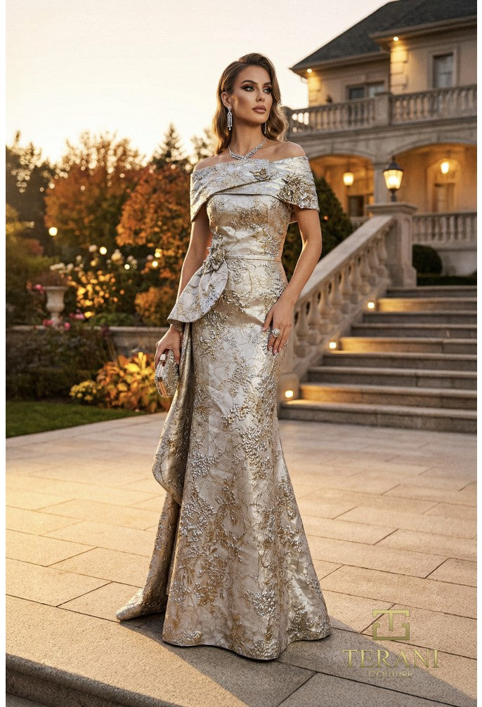 Terani 262M7303 Off-the-Shoulder Cap Sleeves Structured Bodice Dress
