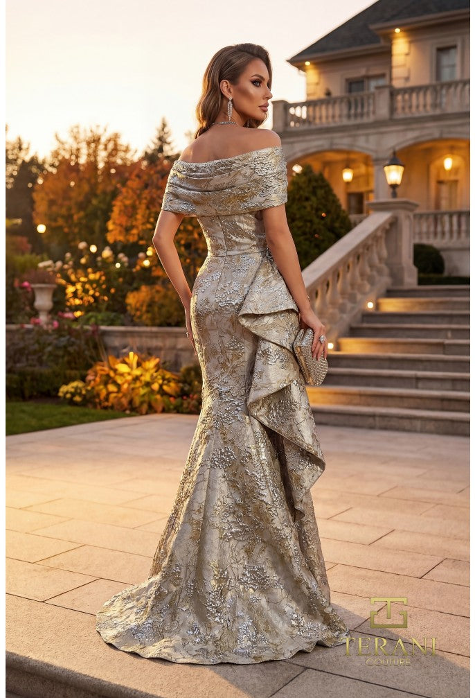 Terani 262M7303 Off-the-Shoulder Cap Sleeves Structured Bodice Dress