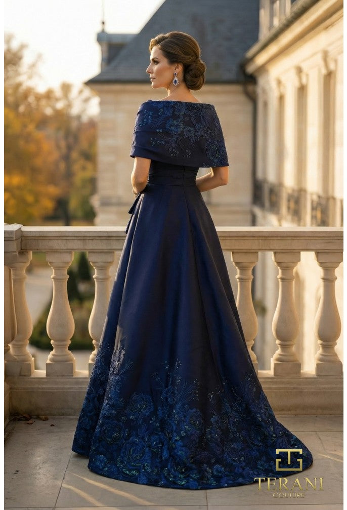 Terani 262M7323 Straight Neckline Cape-Sleeve Structured Dress