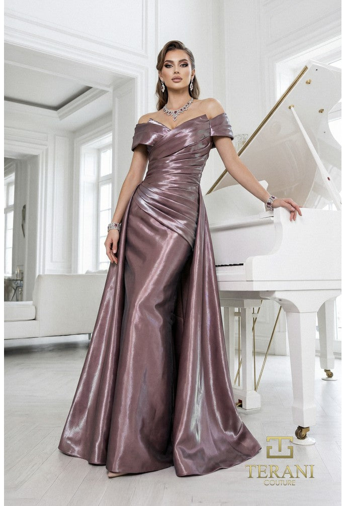 Terani 262M7326 Off-the-Shoulder Cap Sleeve Structured Bodice Dress