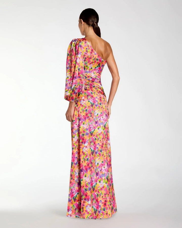 Mac Duggal 2634 Multicolor One Sleeve Floral Print Charmeuse Gown With Slit - FOSTANI.com