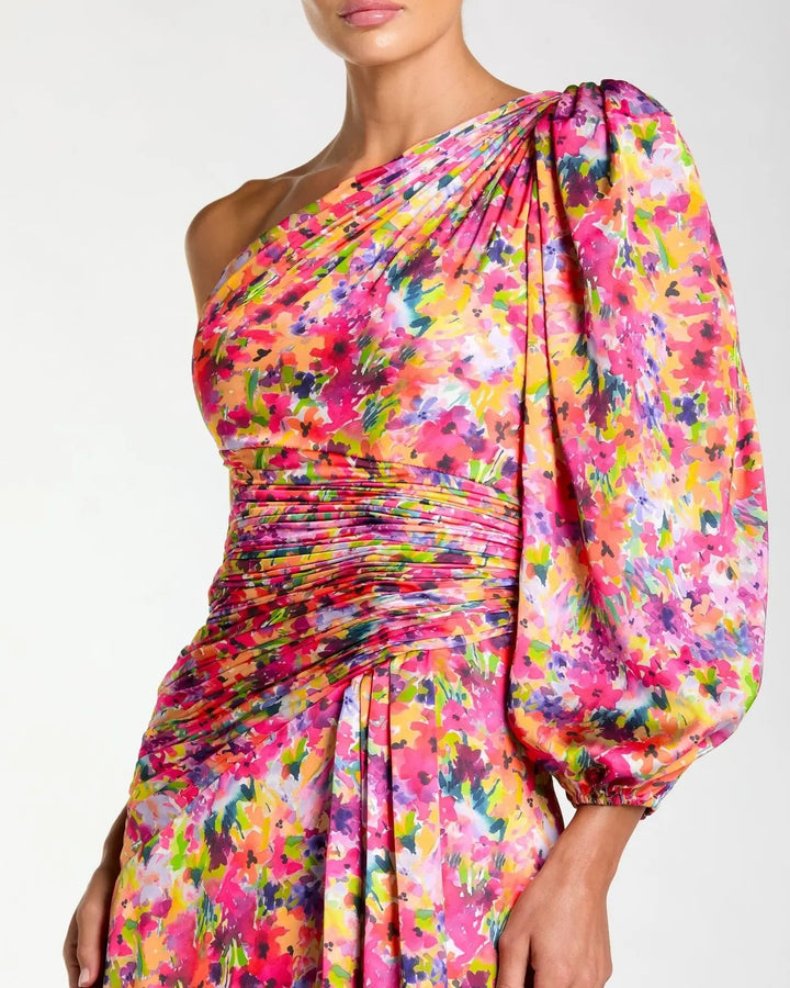 Mac Duggal 2634 Multicolor One Sleeve Floral Print Charmeuse Gown With Slit - FOSTANI.com