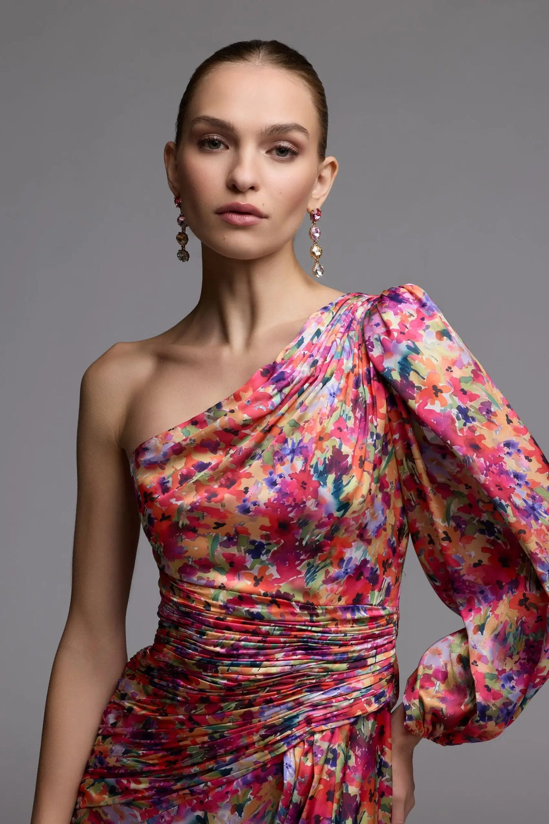 Mac Duggal 2634 Multicolor One Sleeve Floral Print Charmeuse Gown With Slit - FOSTANI.com