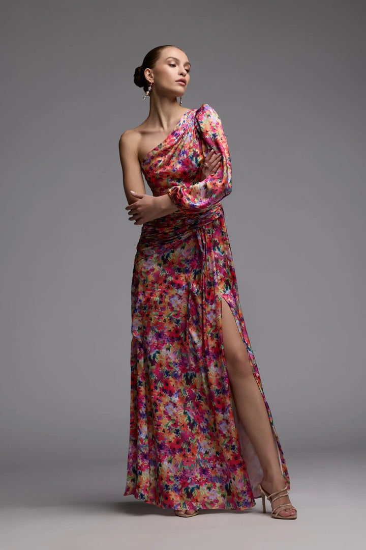 Mac Duggal 2634 Multicolor One Sleeve Floral Print Charmeuse Gown With Slit - FOSTANI.com