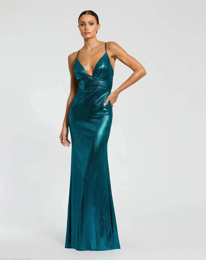 Mac Duggal 26408 Metallic Faux Wrap Spaghetti Strap Gown