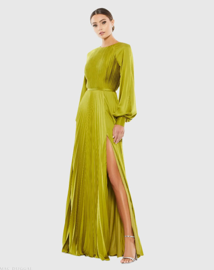 Mac Duggal 26590 Blue Pleated High Neck Long Sleeve Gown with Slit