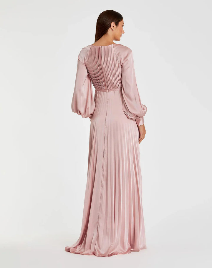 Mac Duggal 26590 Blue Pleated High Neck Long Sleeve Gown with Slit