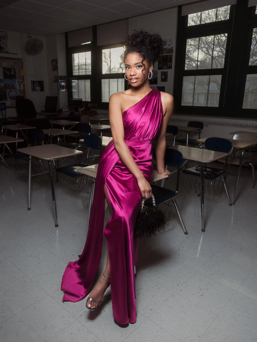 Mac Duggal 26654 Gathered One Shoulder Satin Faux Wrap Gown