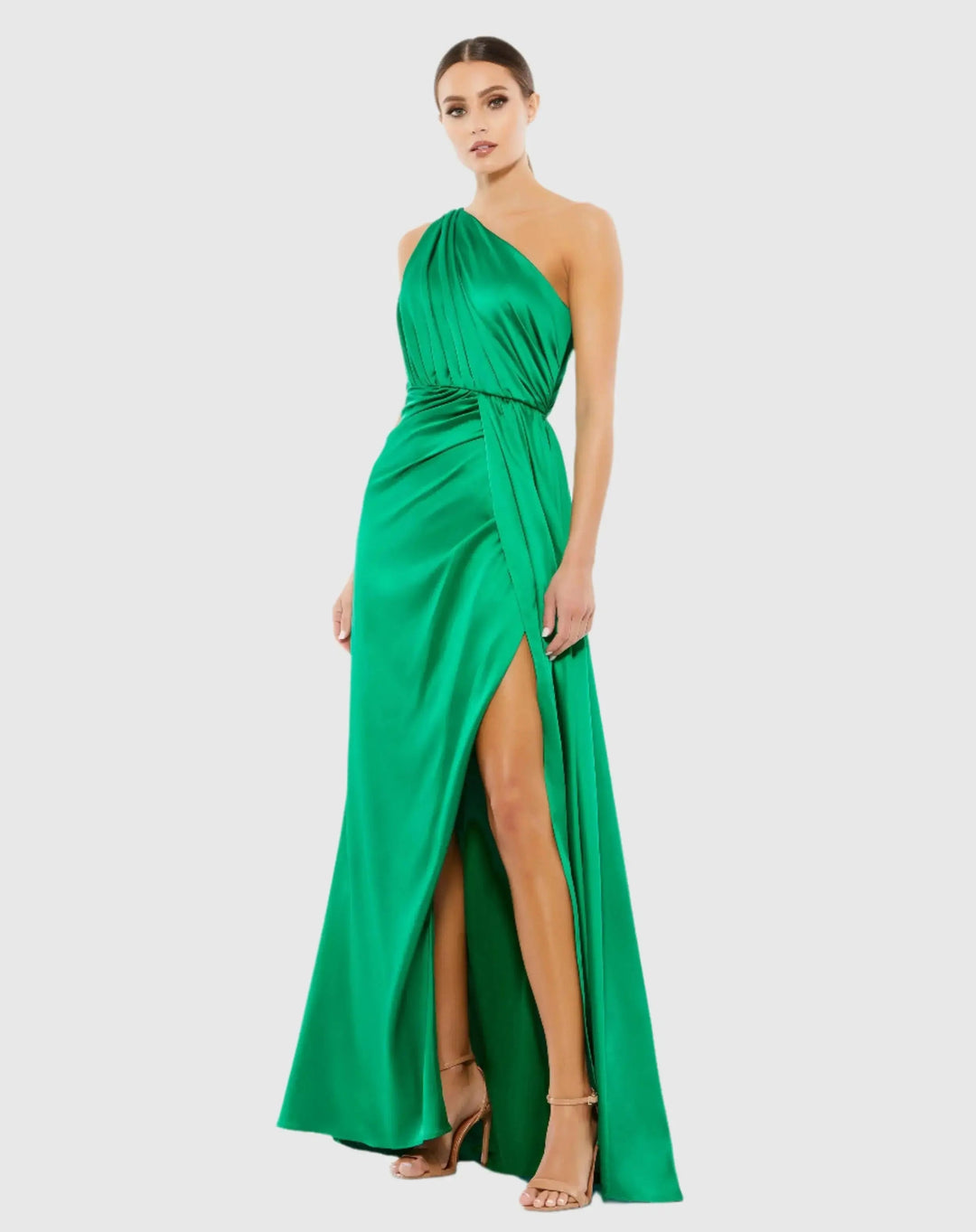 Mac Duggal 26654 Gathered One Shoulder Satin Faux Wrap Gown