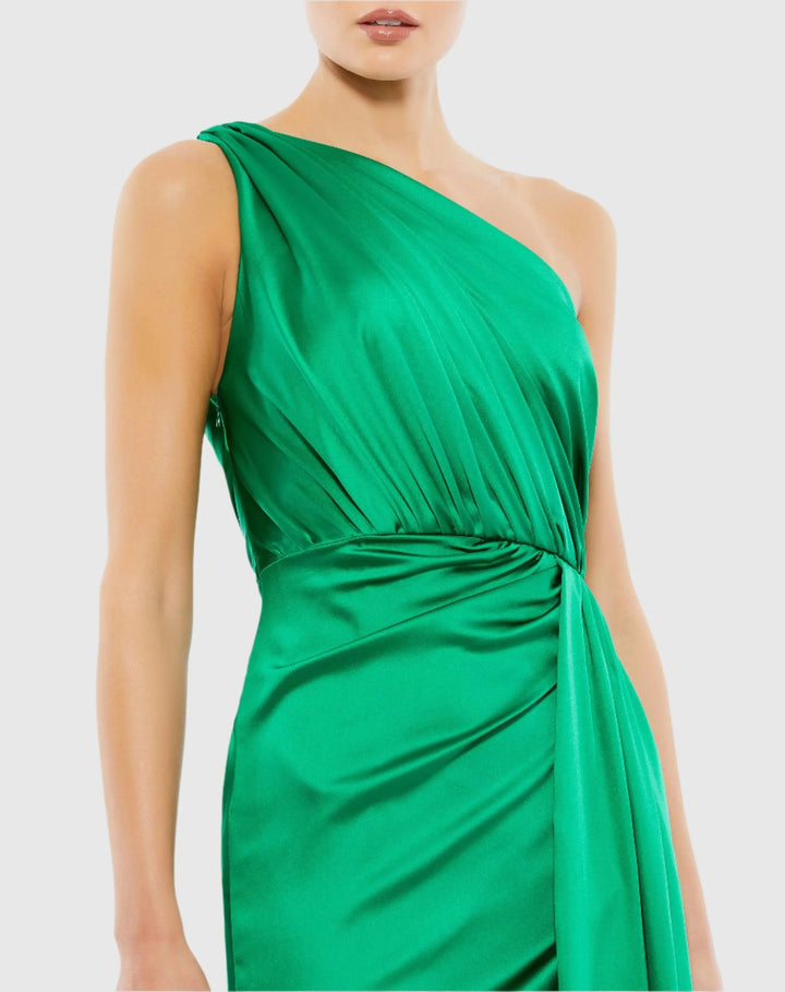 Mac Duggal 26654 Gathered One Shoulder Satin Faux Wrap Gown