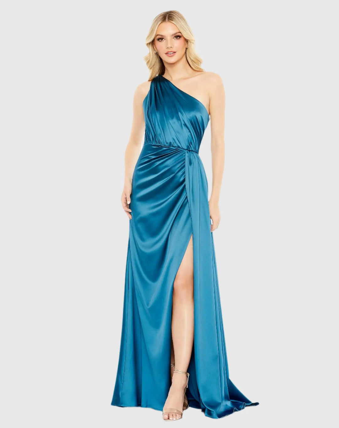 Mac Duggal 26654 Gathered One Shoulder Satin Faux Wrap Gown