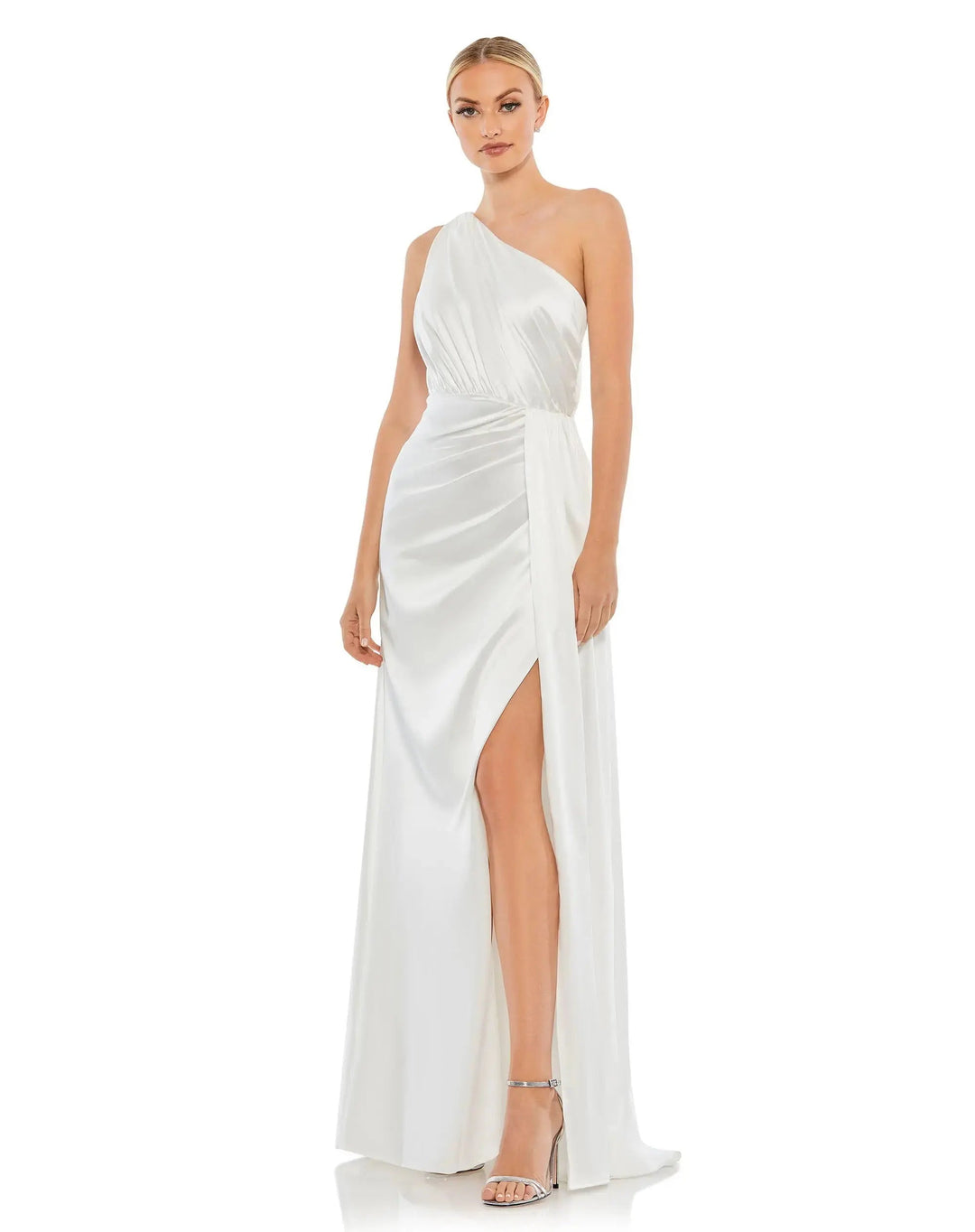 Mac Duggal 26654 Gathered One Shoulder Satin Faux Wrap Gown