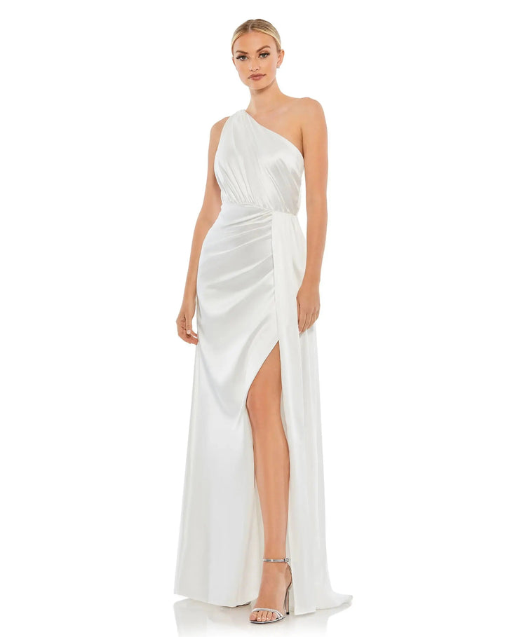 Mac Duggal 26654 Gathered One Shoulder Satin Faux Wrap Gown