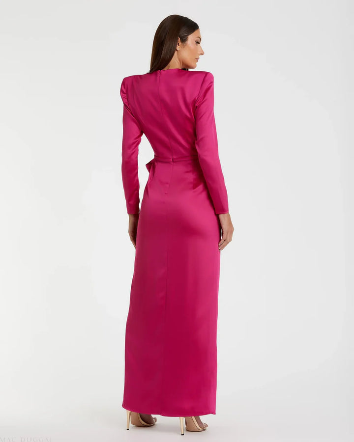 Dark Green Long Sleeve Satin Structured Bow Draped Column Gown - FOSTANI.com