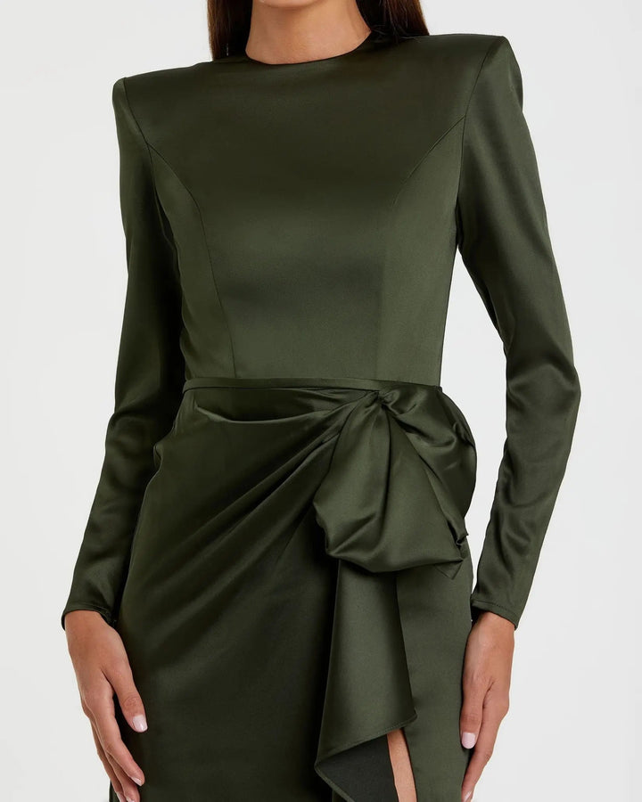 Dark Green Long Sleeve Satin Structured Bow Draped Column Gown - FOSTANI.com