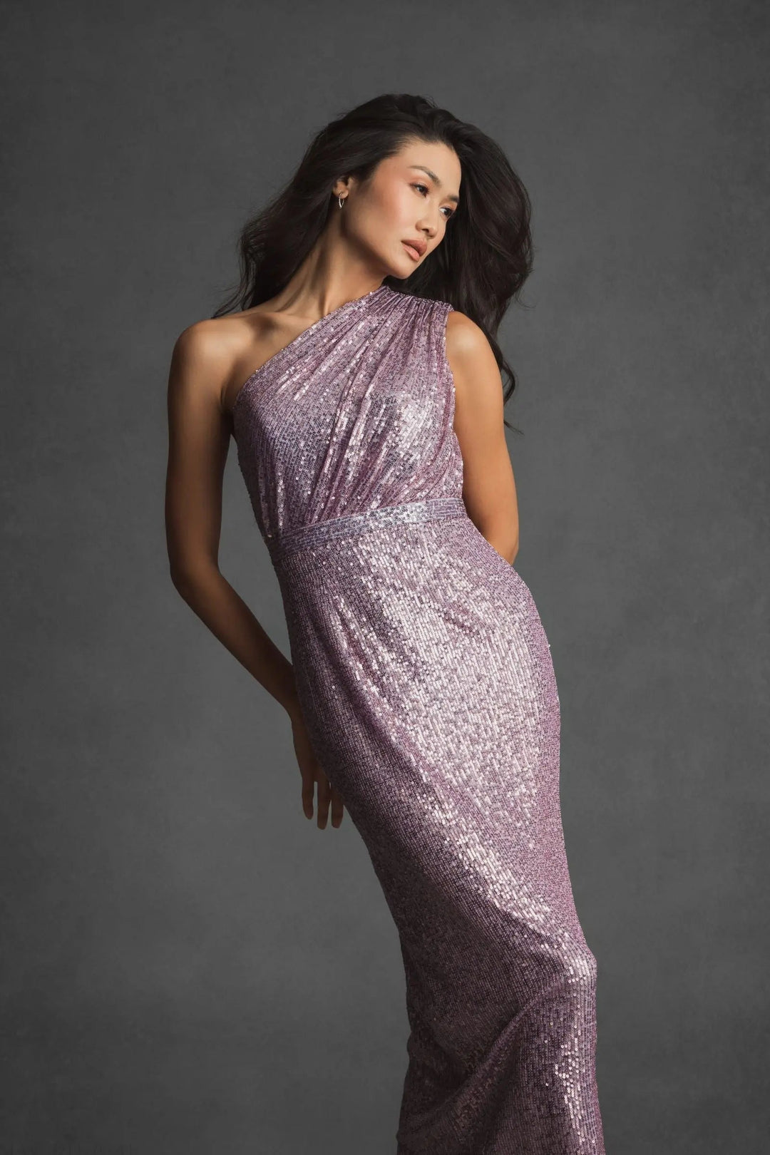 Mac Duggal 26694 Sequined Ruched One Shoulder Gown
