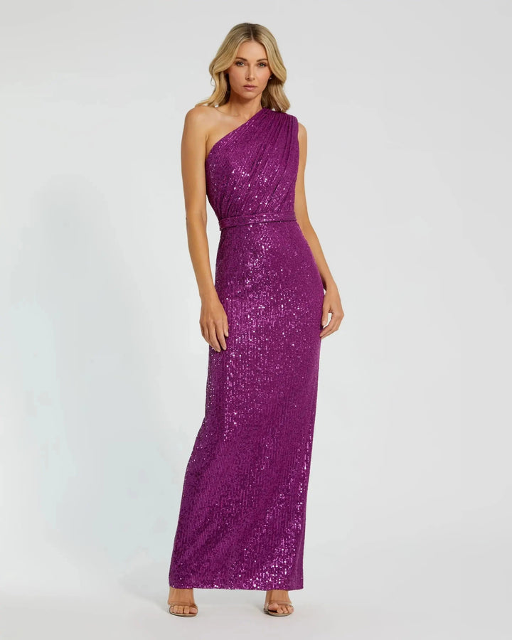 Mac Duggal 26694 Sequined Ruched One Shoulder Gown