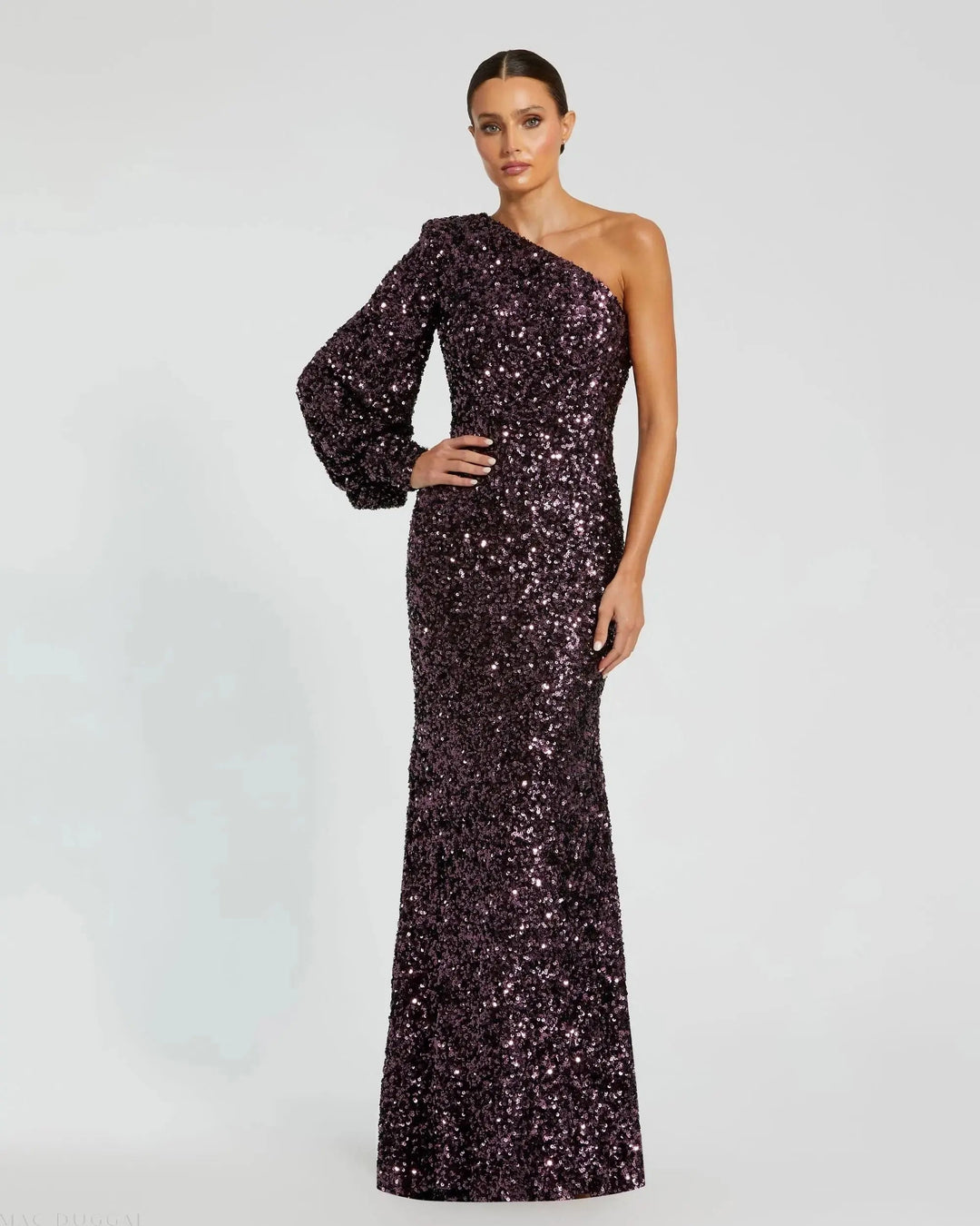 Mac Duggal 26717 Sequined One Shoulder Bishop Sleeve Trumpet Gown