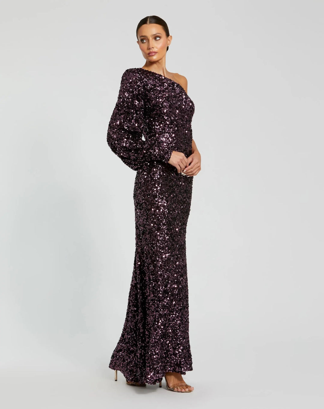 Mac Duggal 26717 Sequined One Shoulder Bishop Sleeve Trumpet Gown