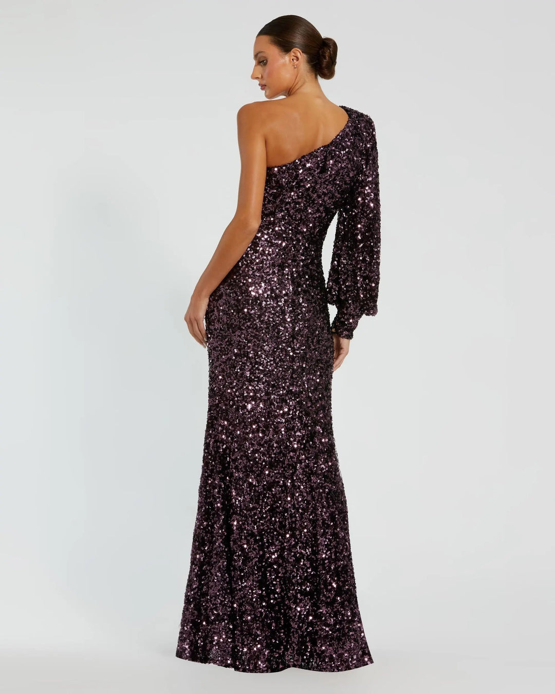 Mac Duggal 26717 Sequined One Shoulder Bishop Sleeve Trumpet Gown