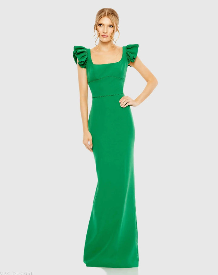 Mac Duggal 27109 Ruffle Cap Sleeve Open Back Column Gown