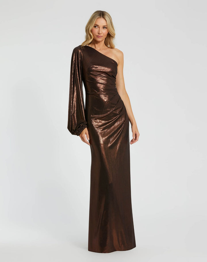 Mac Duggal 27158 One Shoulder Long Sleeve Metallic Gown