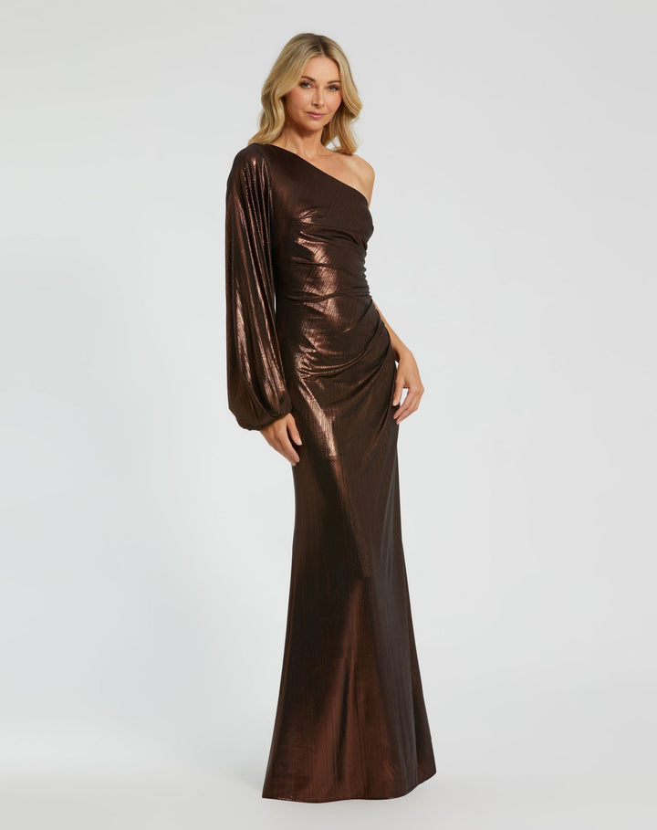 Mac Duggal 27158 One Shoulder Long Sleeve Metallic Gown