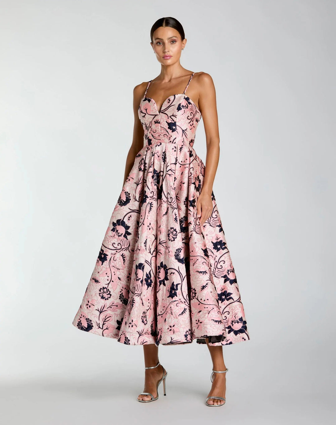 Mac Duggal 27473 Pink Brocade Sweetheart Neck A-Line Midi Dress - FOSTANI.com