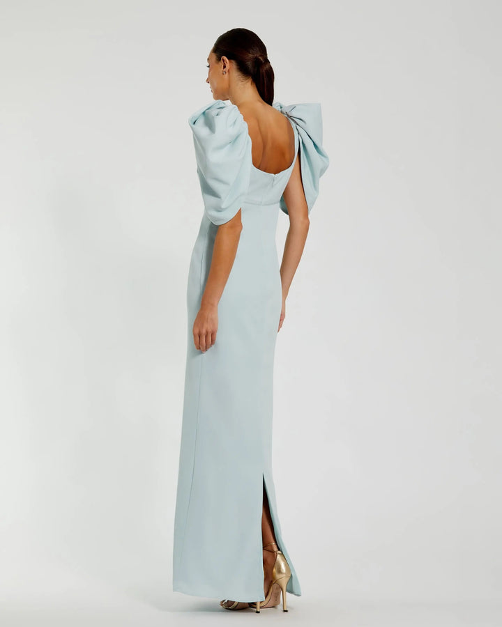 Mac Duggal 27534 Blue Fitted Crepe Square Neck Gown with Puff Sleeves