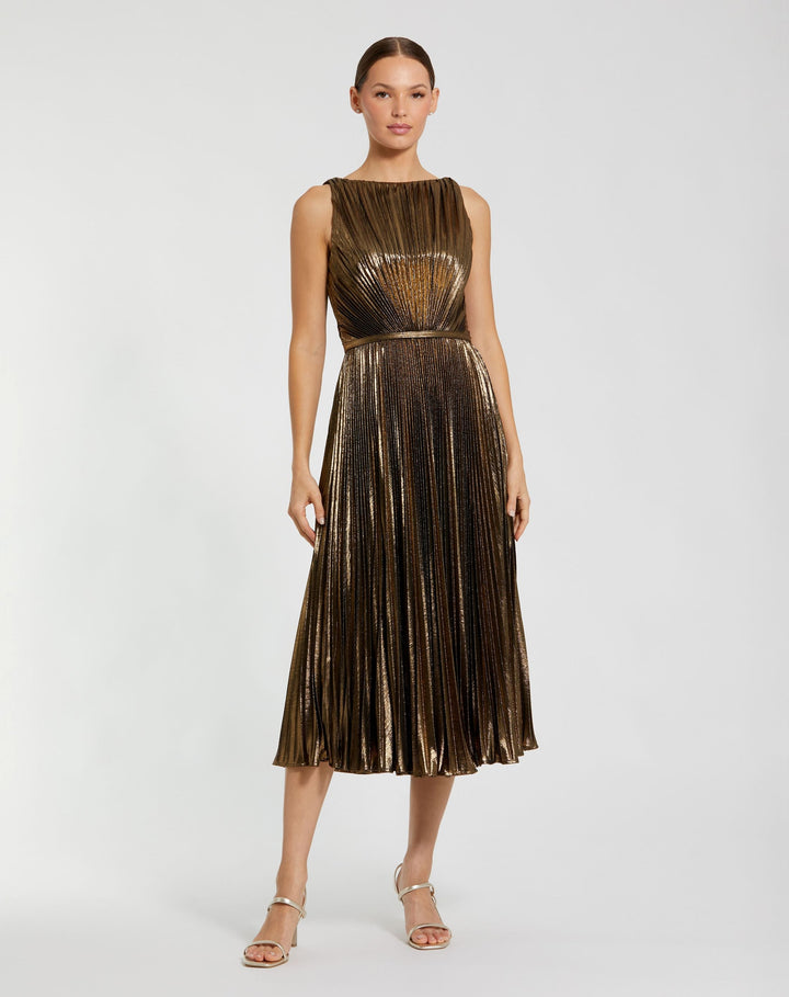 Mac Duggal 27611 Metallic Pleated High Neck Midi Dress