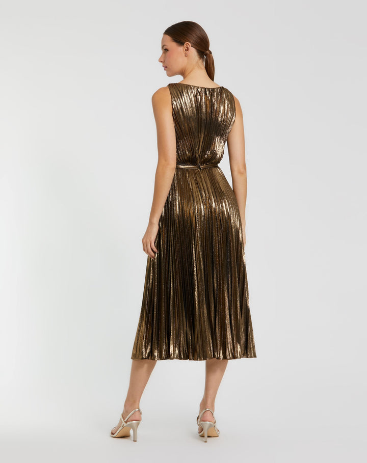 Mac Duggal 27611 Metallic Pleated High Neck Midi Dress