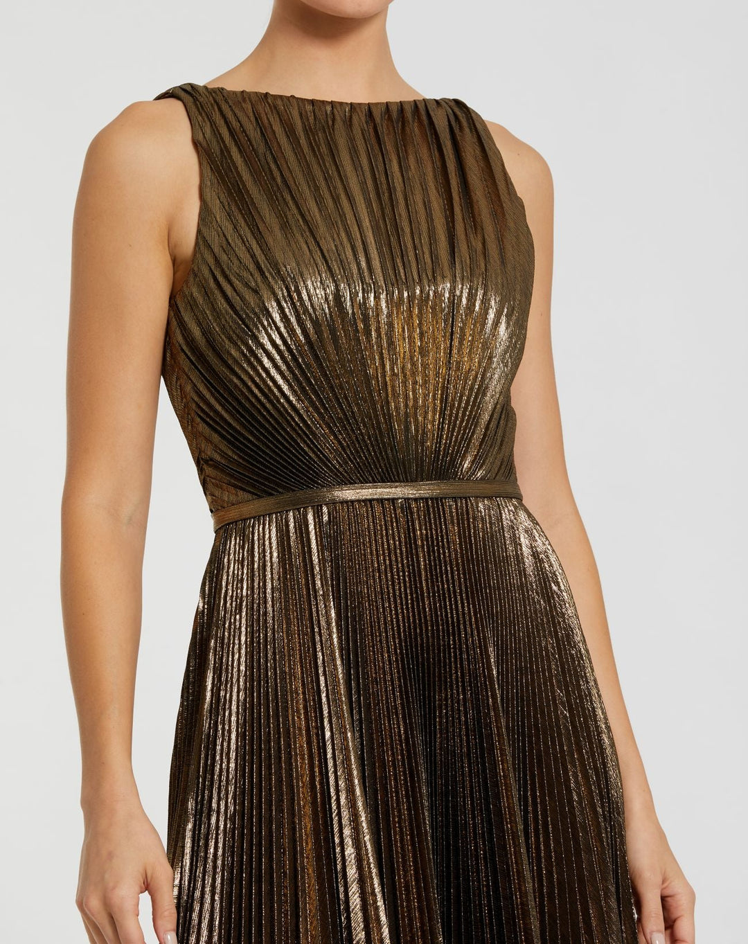 Mac Duggal 27611 Metallic Pleated High Neck Midi Dress