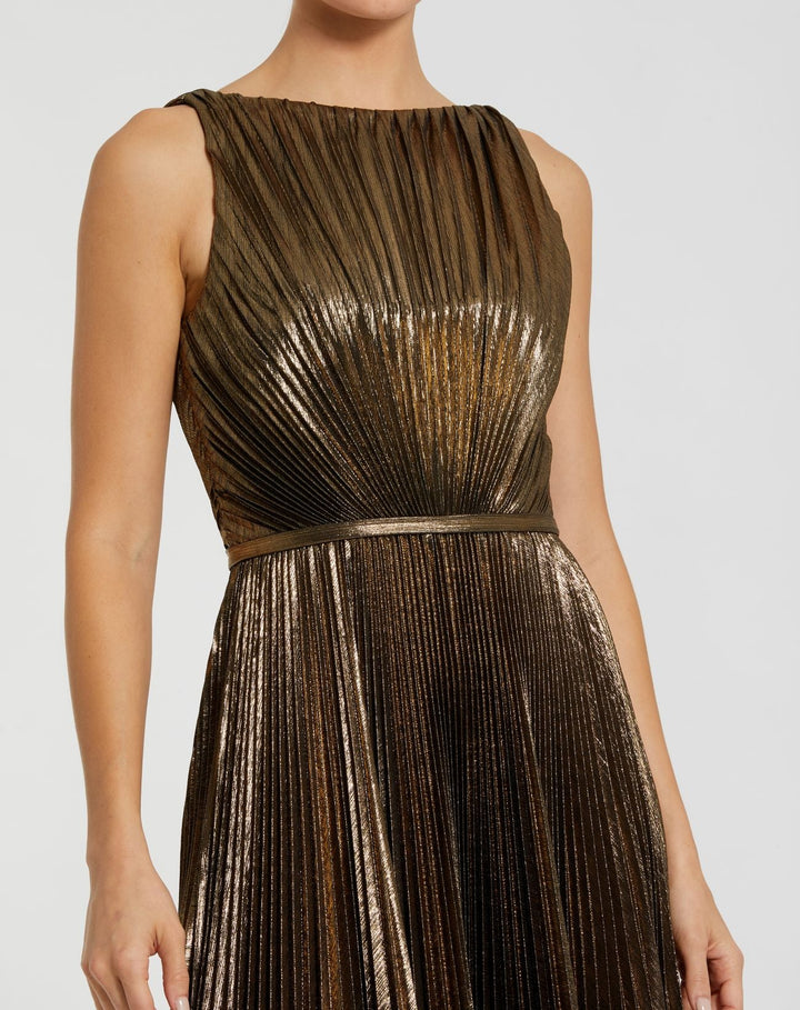 Mac Duggal 27611 Metallic Pleated High Neck Midi Dress