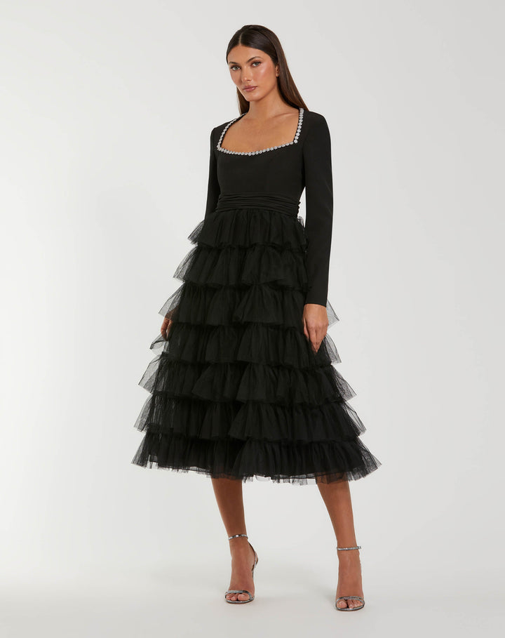Mac Duggal 27707 Crystal Trim Tiered Tulle Midi Dress