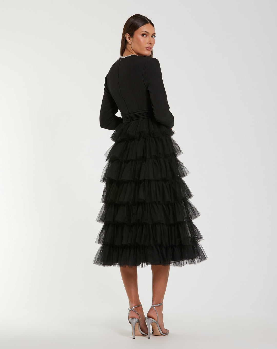 Mac Duggal 27707 Crystal Trim Tiered Tulle Midi Dress