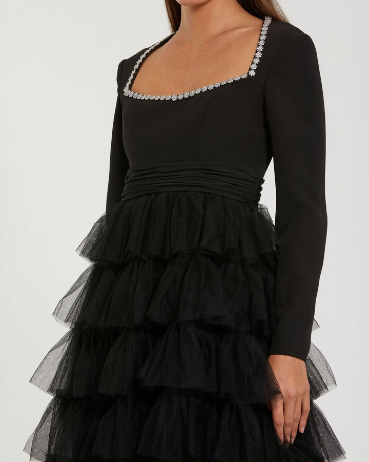 Mac Duggal 27707 Crystal Trim Tiered Tulle Midi Dress