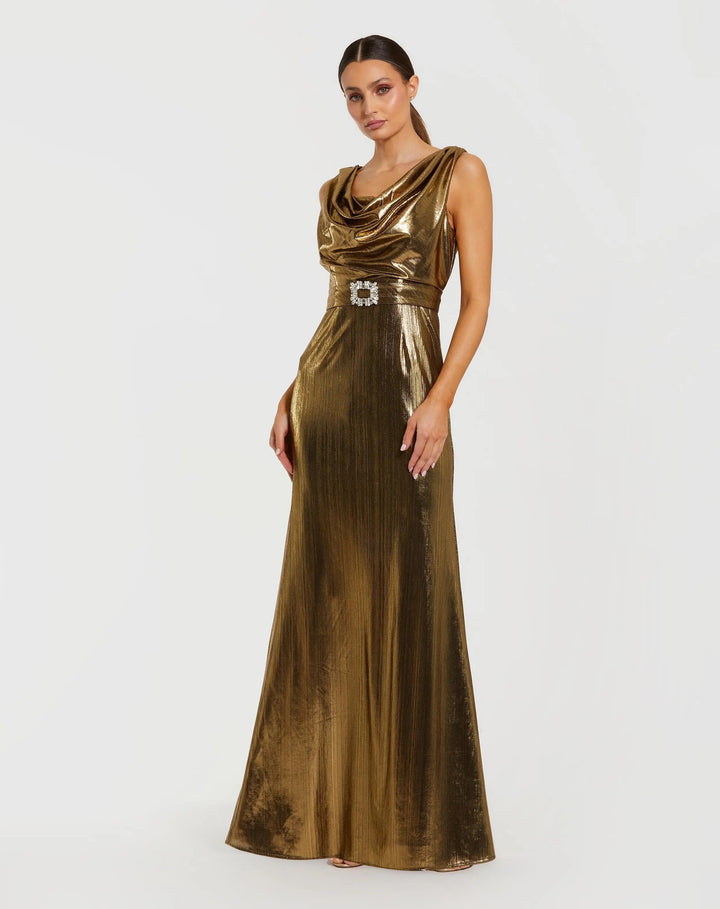 Mac Duggal 27715 Metallic Sleeveless Cowl Neck Trumpet Gown With Belt