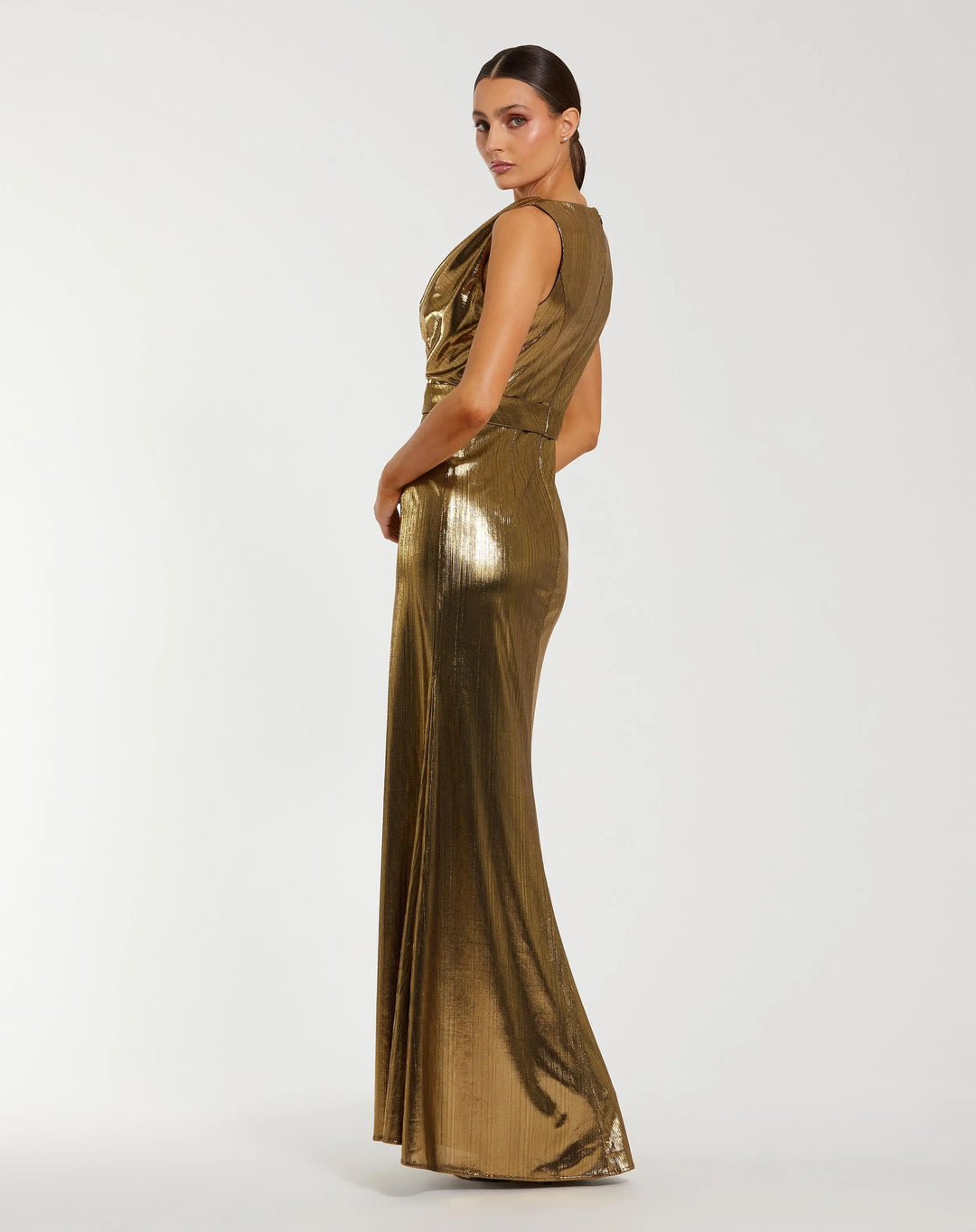 Mac Duggal 27715 Metallic Sleeveless Cowl Neck Trumpet Gown With Belt